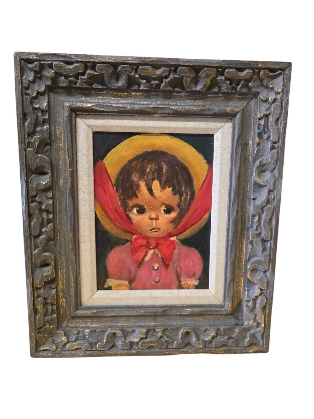 harold stephenson Abruzzi Signed Big Eye Girl Oil Painting Vintage MCM Framed